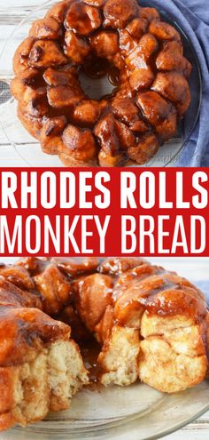 two photos of monkey bread on a plate with the words rhodies rolls in front of it