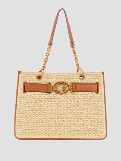 A spacious tote bag featuring chic straw panels and contrasting faux-leather trim. Designed with belted logo hardware and mixed-material shoulder straps. Beige Straw Bag With Gold-tone Hardware And Double Handle, Beige Straw Bag With Gold-tone Hardware, Luxury Straw Bags With Gold-tone Hardware, Natural Straw Bags With Gold-tone Hardware, Rectangular Work Bags With Braided Handles, Summer Straw Bag With Gold-tone Hardware And Double Handle, Straw Shoulder Bag With Gold-tone Hardware, Summer Shopping Bags With Branded Hardware, Summer Shopping Bag With Branded Hardware