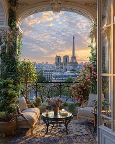 an open balcony overlooking the eiffel tower in paris, france at sunset or dawn