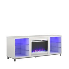 a white entertainment center with an electric fireplace and blue lights on the front door is shown