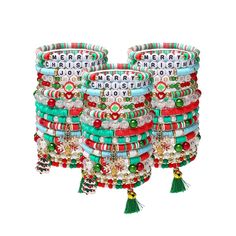 PRICES MAY VARY. Christmas Bracelets Set -- There are 48 pieces of bracelets with 16 different lovely designs, have classic Christmas red and green color,16 in a set, a total of 3 sets. Christmas Theme Bracelets -- Christmas bracelets are in Different Styles with design with christmas dangle charms,Snowflake,Christmas Tree,bells. Safety Materials & Size -- The Stackable bracelets are crafted with gold spacing beads, letter beads,polymer clay beads,crystals and other decorations.The Stackable Bra Jingle Bell Bracelets, Snowflake Christmas Tree, Snowflake Tree, Snowflake Bracelet, Party Giveaways, Christmas Tree Accessories, Festive Decoration, Bracelets Set, Christmas Bracelet