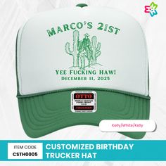 Customized Birthday Trucker Hat, Personalized 21st Birthday Boy Trucker Cap, Custom Birthday Trucker Hat, Vintage Cowboy Theme Trucker Hat Welcome to my shop and thank you for the interest!! Please take a moment to review the details of our beautifully handmade Trucker Caps: ❣️How to order:  * Choose the color for your hat * Select the quantity range of your order * Modify the quantity at checkout as needed * Verify the shipping address is accurate We are using a branded trucker hat. Made of high quality foam, Sweatband and mesh material proudly made in America. ❣️ Trucker Cap Features: * 100% Polyester Front * 100% Nylon Mesh Back * The Traditional Look * 5-panel cap * Quality Rows of Stitching in Visor * Seamless Foam Front Panel with Lining * Matching Fabric Undervisor * Matching Color 21st Birthday Boy, Cowboy Theme, Vintage Cowboy, Picture Logo, Custom Birthday, Birthday Boy, Mesh Material, Picture Design, 21st Birthday