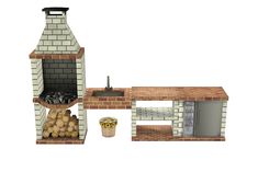 an outdoor brick oven and table with potatoes