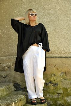 "Harem Pants Women, Linen Pants, White Linen Pants White Summer Pants. Summer white loose casual pants. Cool casual pants! White asymmetrical 100% lINEN pants. Quality linen fabric. Update your wardrobe. You will be happy with this garment. it is an artistic and easy to mix. The style I used was originally designed and professionally constructed by me. Each item of my shop has a special package. Handmade in a pet-free and smoke- free environment. Model on picture is wearing size M Size chart Gab Straight Pants With Pockets For Daywear, Summer Straight Pants With Button Cuffs, Oversized Workwear Trousers, High-waisted Pants With Button Cuffs For Summer, Oversized Bottoms With Pockets For Daywear, Oversized White Bottoms For Workwear, Relaxed Fit Wide Leg Pants With Button Cuffs, Oversized Trousers With Pockets, Oversized Linen Bottoms With Pockets