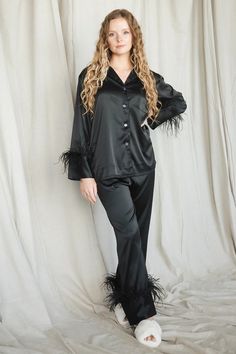 Black Feathers Satin Pants Set – Spikes and Seams Elegant Black Pants Set, Elegant Black Long Pants Set, Elegant Black Bottoms With Satin Finish, Elegant Satin Pants For Fall, Black Satin Loungewear Bottoms, Black Satin Pants For Night Out, Fitted Satin Bottoms For Fall, Black Full-length Satin Pants, Black Full Length Satin Pants