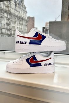 Custom Buffalo Bills sneakers featuring bold red and blue accents, perfect for showcasing your team pride. Click to order your personalized pair! #CustomSneakers