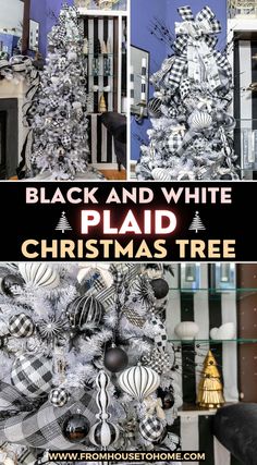 black and white plaid christmas tree is displayed in front of a store window with text overlay