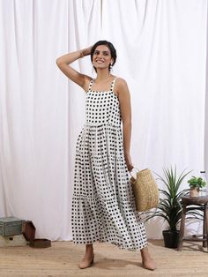 Noir Polka Dot Cotton Printed Dress - Trendroots Summer Polka Dot Tiered Dress, Polka Dot Tiered Summer Dress, Summer Tiered Polka Dot Dress, Jumpsuit Comfy, Beach Dress White, Dots Dress, Business Diy, Wrap Pants, Womens Long Dresses