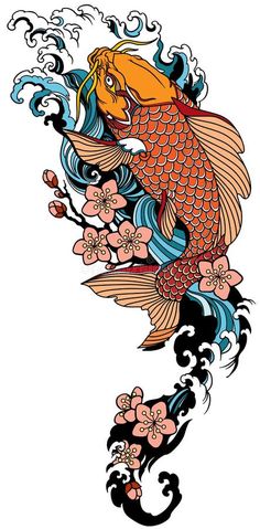 Illustration about Koi carp swimming upstream and sakura blooming. Japanese gold fish with water waves and cherry tree flowers blossom. Tattoo . Vector illustration. Illustration of tranquility, symbolic, symbol - 181865252 Japanese Fish Tattoo, Dragon Koi Fish, Japanese Wave Tattoos, Japanese Drawing, Koi Tattoo Sleeve, Koi Dragon