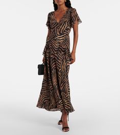 Evie printed silk midi dress in black - Rixo | Mytheresa Brown Silk Dress, Cruise 2023, Ladies Day Dresses, Brown Silk, Silk Midi Dress, A Tiger, Midi Shirt Dress, Gathered Skirt, Ruffled Maxi Dress