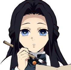 an anime character with long black hair and blue eyes, holding a knife in her hand