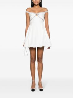 Self-Portrait diamanté-trim off-shoulder Minidress - Farfetch Self Portrait Dress, Dress Home, Red Midi Dress, White Texture, Little White Dresses, Flared Skirt, Dress With Bow, Flare Skirt, Self Portrait