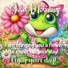 a greeting card with a cartoon frog holding a flower