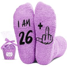 BIRTHDAY GIFTS FOR WOMEN: These purple socks could be the perfect birthday gift for your mom, wife, sister, aunt, daughter, sister in law, daughter in law, or female friend. GIFTS FOR HER: Say it with socks - "I AM 26+1." These are suitable for any holiday gifts, such as Birthday gifts, White Elephant gifts, Christmas gifts. SIZE & MATERIAL: These fluffy birthday socks are made of plush coral fleece, providing ultimate comfort and warmth. Designed to fit women’s shoe sizes 6-10. Our fuzzy socks Birthday Gifts Ideas For Women, Material Gifts, Gifts Ideas For Women, Purple Socks, Turning 50, Gifts Anniversary, Fuzzy Socks, Friend Gifts, Old Woman