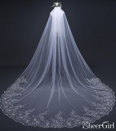 One Tier Cathedral Wedding Veils with Lace Applique ACC1073-SheerGirl Cheap Wedding Veil, Long Lace Veil, Lace Edge Veil, Ivory Wedding Veils, Tulle Wedding Veil, Long Veil Wedding, Cathedral Bridal Veils, Cathedral Wedding Veils, Bride Veil