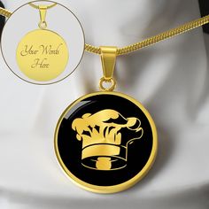 "Unique Personalized Chef Necklace!  Great idea as a Chef Gift ➜ Our patent-pending jewelry is made of high quality surgical steel with a shatterproof liquid glass coating to protect the high resolution printed image. ➜ Our jewelry is hand-made in the U.S.A. This Chef Pendant Is the Perfect Gift for Vegetarians! Whether for Yourself or a Loved One. ➜ If the custom engraving option is available, engrave onto the back of the pendant your loved one's name, your wedding date, an anniversary, or anything else you want to remember and keep you close to her heart. Each personalized piece offers exceptional craftsmanship that is fit to be an instant classic in your family. You can add 2 lines and each up to 20 characters long (including spaces).  Product Dimensions ➜ Luxury Necklace: 18-22\" (45-5 Chef Necklace, Cooking Gift, Chef Gifts, Chefs Hat, Luxury Necklace, Glass Coating, Gifts For Cooks, A Chef, Wedding Date