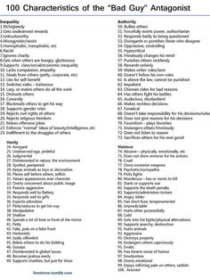 the top 100 characteristics of the bad guy's antagonistt text description