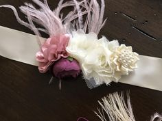 A dusty pink and ivory flowers baptism sash Satin Colors, Headband Sizes, Lace Romper Baby, Baptism Headband, Birthday Headband, Girls Headband, Flower Girl Headbands, Headband Flower, Baptism Dress