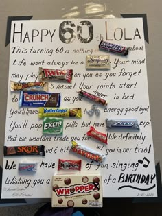 a birthday card with candy and writing on it