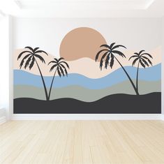 an empty room with a palm tree mural on the wall