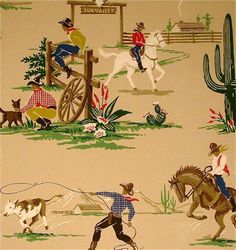 Cowboy Fabric, Cowboy Embroidery, Eclectic Wallpaper, Cowboy Ranch, Cowboy Stuff, Western Artwork, Stencil Fabric, Victorian Wallpaper