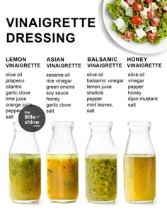 four different types of dressings in glass bottles on a white background with the words vinaigrete dressing