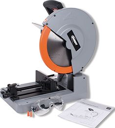 an orange and gray circular saw next to a piece of paper on a white background