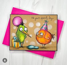 a birthday card with two birds and a present on the bottom, one is saying it's your special day