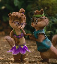 the chipmuns are dancing together in front of some trees and bushes with glasses on