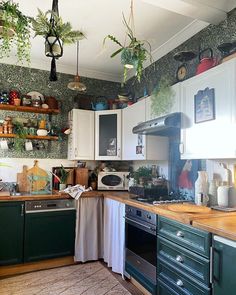 a kitchen with green cabinets and hanging plants on the wall above the stove top oven