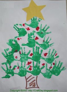 handprinted christmas tree on white paper with green and red hands in the shape of a star