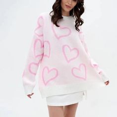 Feel the love this season in this cozy Love All Around Heart Imprint Pullover Sweater! Features a crew neckline, long sleeves with drop shoulders and fitted cuffs, and a slightly oversized bodice. Contrasting ribbed knit accents the neckline, cuffs, and hemline. Comes in four colors Made from blended Viscose fiber Available in sizes S-XL (take a size larger for a comfy, oversized fit) Models are wearing different sizes Heart Jumper, Loose Jumper, Loose Pullover Sweater, Jumper Outfit, Plaid Pullover, Color Sweater, Winter Pullover, Faux Leather Dress, Loose Pullover