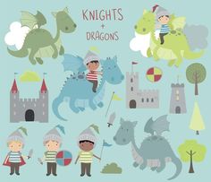 knight and dragon clipart set for kids to use on crafts, cards or t - shirts