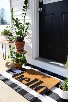 two potted plants sit on the front door mat