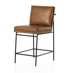 a brown leather bar stool with black metal frame and backrests on an isolated white background