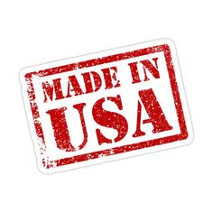 made in usa sticker with the words made in usa written inside red ink on a white background