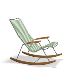 a green rocking chair with wooden slats on the bottom and sides, sitting in front of a white background