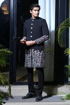 Black sherwani with floral thread, sequin, cutdana and applique embroidery. Paired with a pant. - Aza Fashions Black Sherwani, Embroidered Sherwani, Sara Ali Khan, Kareena Kapoor Khan, Madhuri Dixit, Luxury Sale, Applique Embroidery, Shraddha Kapoor, Modern Bride