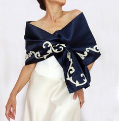 Navy taffeta wedding guest shawl, Lace-embellished evening shoulder wrap stole, Hands-free formal dress cover-up, Cocktail dress topper Elegant Fitted Shawl For Evening, Fitted Silk Shawl For Evening, Elegant Formal Shawl, Elegant Blue Silk Shawl, Elegant Satin Shawl For Formal Occasions, Elegant Silk Shawl For Weddings, Elegant Satin Shawl For Wedding, Elegant Satin Wedding Shawl, Elegant Blue Shawl