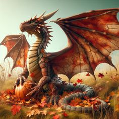 a dragon sitting on top of a pile of leaves next to a pumpkin in the grass