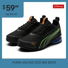 The all-new voltaic Evo is a dynamic new model in Puma's viz tech range. The voltaic features our 10 cell technology that provides the wearer with comfort, as well as a tpu shank that supplies stability. The outsole is designed with full length rubber coverage for ultimate traction. Moving to the upper you will find a tpu toe cap for supreme durability, and a cage overlay detail that supplies a unique lacing construction. The voltaic evo represents a fresh take on puma's fast viz tech design la… Boys Running Shoes, Running Shoes Black, Shoes Running, Black Running Shoes, Shoes Color, Tech Design, Big Boys, Shoes Black, New Model