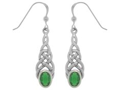 Jewelry Trends Celtic Linear Knot Work Elegant Sterling Silver Dangle Earrings with Green Glass - Crafted of the finest .925 Sterling Silver, this pair of earrings showcases an elegant weaving of Celtic knot work design. An oval-shaped emerald-green glass stone adorns these elegant earrings. These highly polished earrings dangle from hook findings. Peter Stone Jewelry Designs are exclusive and protected by Copyright Laws. - Style: Dangle - Metal: .925 Sterling Silver - Color: Silver - Finish: Hi Stone Jewellery Designs, Peter Stone, Work Design, Silver Dangle Earrings, Sterling Silver Dangle Earrings, Celtic Knot, Earrings Dangle, Elegant Earrings, Hook Earrings