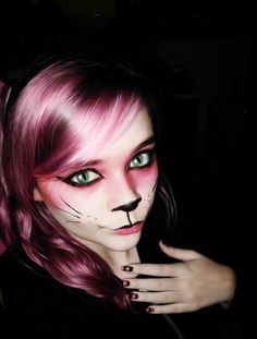 Makeup Cheshire Cat costume Pink Purple stripe makeup #catsdiycostume Cheshire Costume, Steampunk Makeup, Cats Costume, Cat Costume Kids, Cheshire Cat Costume, Days Till Halloween, Alice In Wonderland Costume