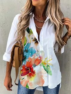 US$ 34.90 - Loosen Floral Print Shirt Collar Long Sleeve Tops - m.zicopop.com Plus Size Chic, Floral Long Sleeve Shirt, Painted Clothes, Floral Print Shirt, Floral Print Blouses, Womens Clothing Stores, Look Chic, Womens Fashion Casual, Printed Blouse