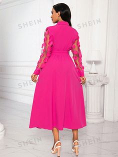 SHEIN USA Pink Buttoned Office Dress, Pink Party Dress With Button Closure, Button Long Sleeve, Long Sleeve Casual Dress, Vacation Dresses, Women Long Dresses, Floral Applique, Long Dresses, Long Sleeve Casual