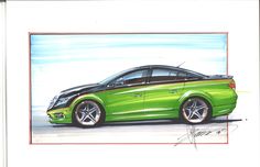 a drawing of a green car with black stripes