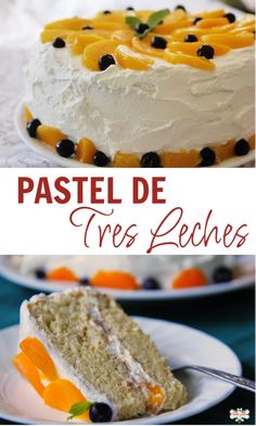 two pictures with different types of cake on them and the words pastel de tres reches