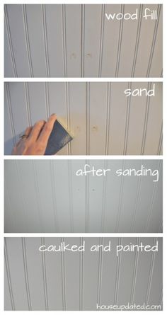 three pictures showing how to paint wood paneling