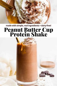 peanut butter cup protein shake in a glass with whipped cream and chocolate shavings