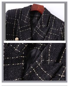 A true English classic. our Harley Tweed Blazer is made of high-quality tweed fabric with a gold plaid pattern. This classic piece is truly versatile and can be worn both during the day with skinny jeans and boots or at night with a dress for a glam look. Per usual orroshop style. the item is decorated with gold buttons. side flap pockets. and peak lapels. Size up if you are between sizes. Luxury Fall Tweed Dress For Office, Luxury Tweed Dress For Fall Office Wear, Luxury Tweed Dress For Office In Fall, Luxury Plaid Tweed Jacket For Office, Luxury Plaid Tweed Office Jacket, Luxury Winter Tweed Dress, Luxury Tweed Dress For Workwear In Fall, Luxury Tweed Dress For Winter, Classic Black Tweed Blazer